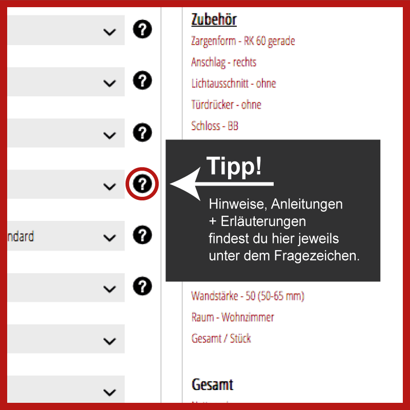 Detailansicht der aktuell ausgewählten Option