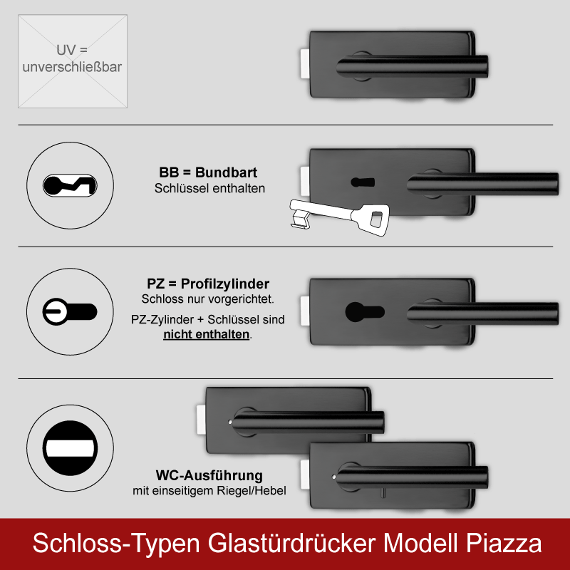 Glastürbeschlag: Piazza inkl. Bänder - Schwarz - Beschlagset für Glastüren